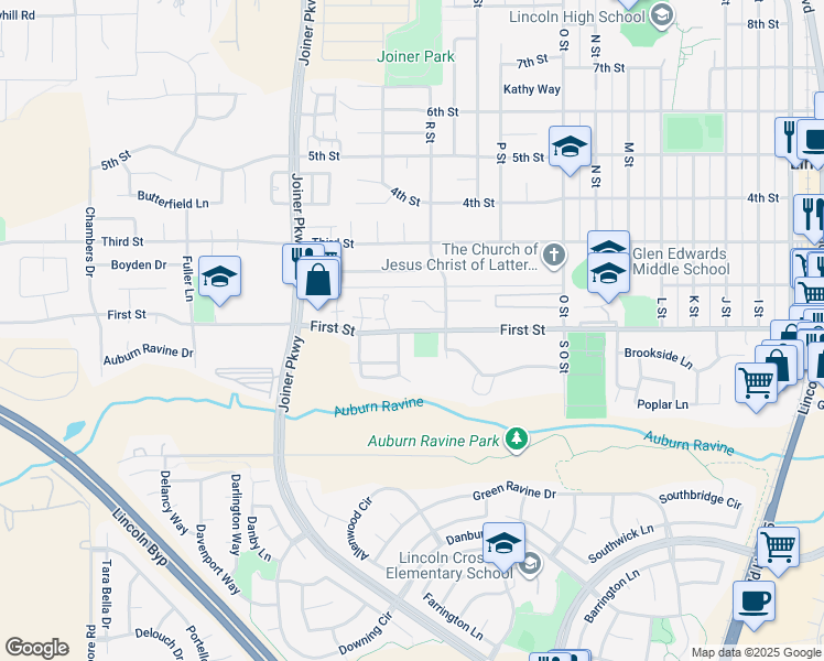 map of restaurants, bars, coffee shops, grocery stores, and more near 1675 1st Street in Lincoln