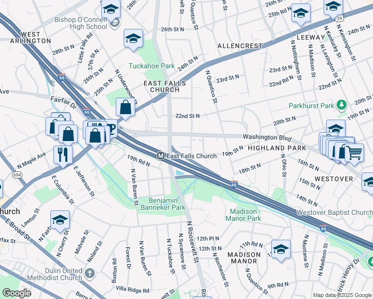 map of restaurants, bars, coffee shops, grocery stores, and more near 6404 19th Street North in Arlington
