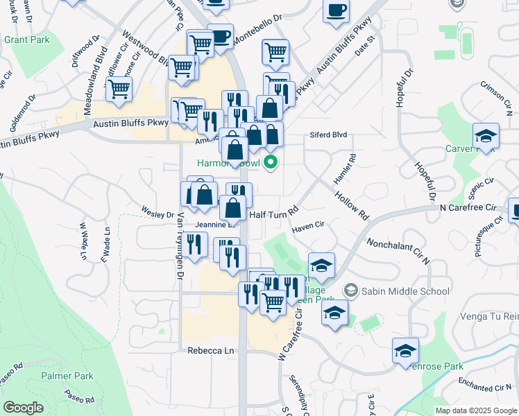 map of restaurants, bars, coffee shops, grocery stores, and more near 3807 Half Turn Road in Colorado Springs