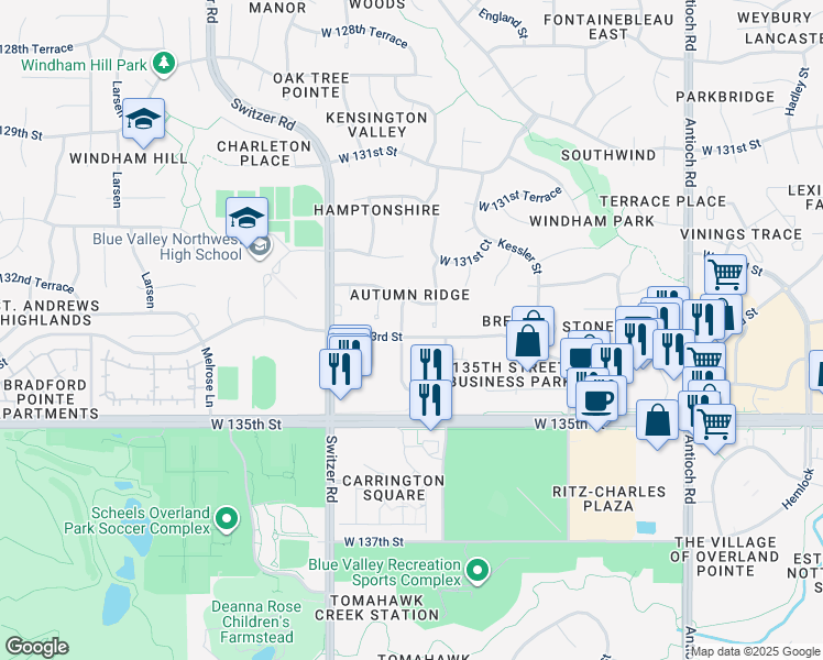 map of restaurants, bars, coffee shops, grocery stores, and more near 13234 Knox Street in Overland Park