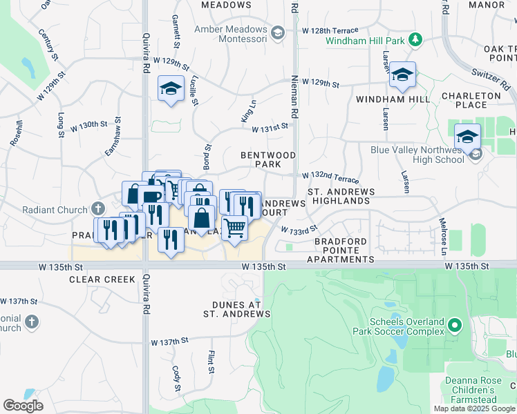 map of restaurants, bars, coffee shops, grocery stores, and more near 11107 132nd Court in Overland Park