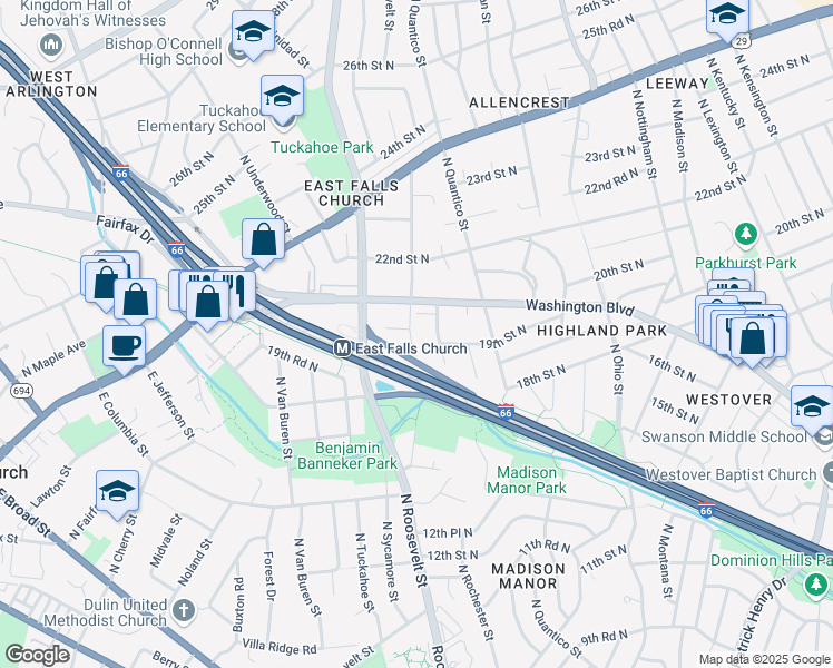 map of restaurants, bars, coffee shops, grocery stores, and more near 1907 North Roosevelt Street in Arlington