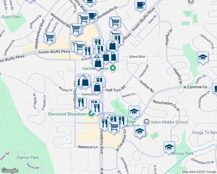 map of restaurants, bars, coffee shops, grocery stores, and more near 3802 Half Turn Road in Colorado Springs