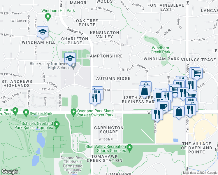 map of restaurants, bars, coffee shops, grocery stores, and more near 13234 Knox Street in Overland Park