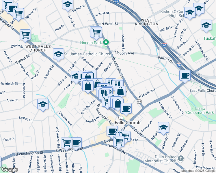 map of restaurants, bars, coffee shops, grocery stores, and more near 312 Park Avenue in Falls Church