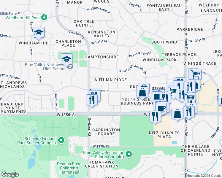 map of restaurants, bars, coffee shops, grocery stores, and more near 13234 Knox Street in Overland Park