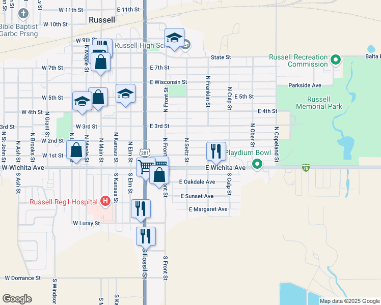 map of restaurants, bars, coffee shops, grocery stores, and more near 619 East 1st Street in Russell
