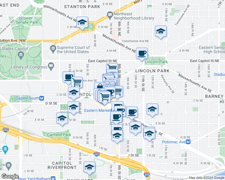 map of restaurants, bars, coffee shops, grocery stores, and more near 101 Independence Avenue Southeast in Washington