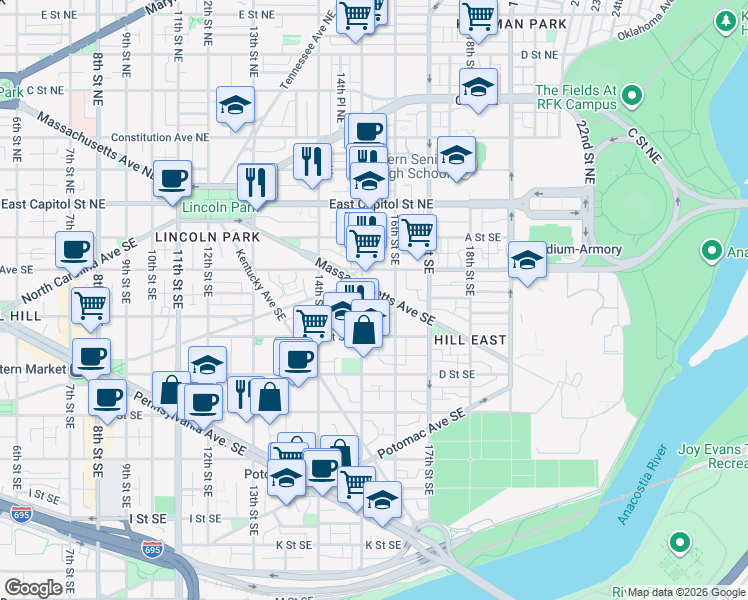 map of restaurants, bars, coffee shops, grocery stores, and more near 101 Independence Avenue Southeast in Washington