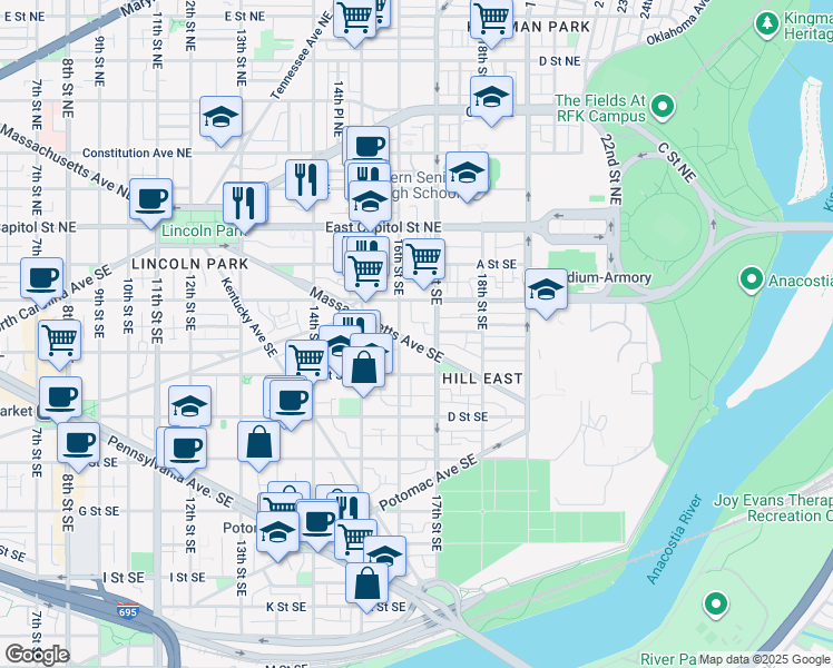 map of restaurants, bars, coffee shops, grocery stores, and more near 1620 Massachusetts Avenue Southeast in Washington