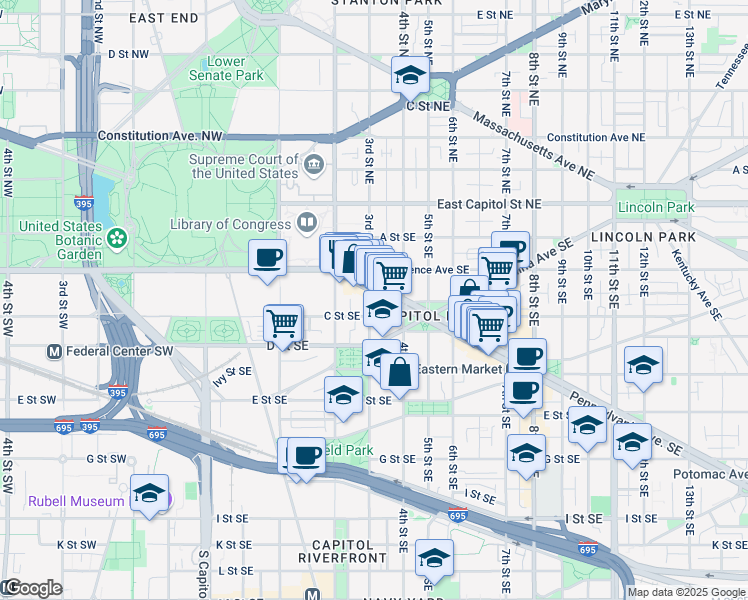 map of restaurants, bars, coffee shops, grocery stores, and more near 301 Pennsylvania Avenue Southeast in Washington