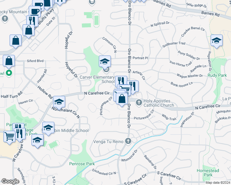 map of restaurants, bars, coffee shops, grocery stores, and more near 4625 Carefree Circle North in Colorado Springs