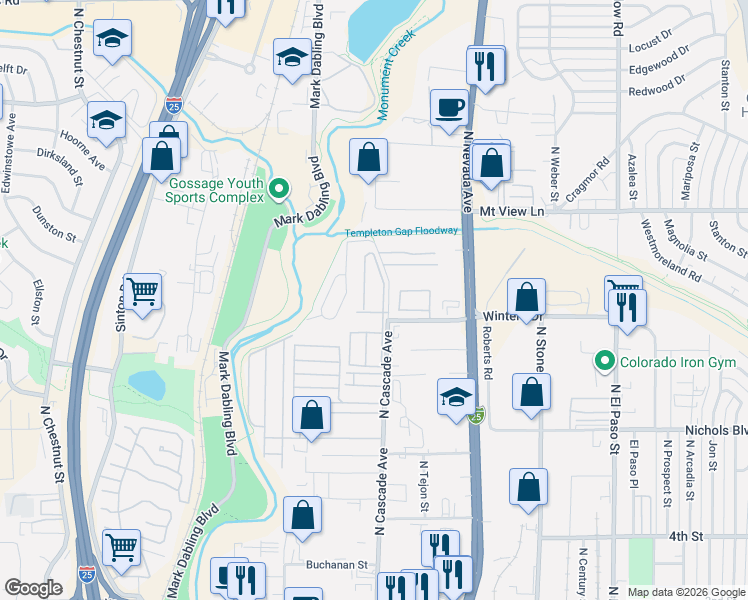 map of restaurants, bars, coffee shops, grocery stores, and more near 3750 North Cascade Avenue in Colorado Springs