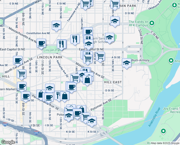 map of restaurants, bars, coffee shops, grocery stores, and more near 101 Independence Avenue Southeast in Washington