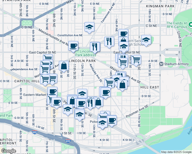 map of restaurants, bars, coffee shops, grocery stores, and more near 101 Independence Avenue Southeast in Washington