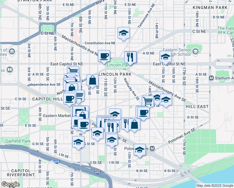 map of restaurants, bars, coffee shops, grocery stores, and more near 101 Independence Avenue Southeast in Washington