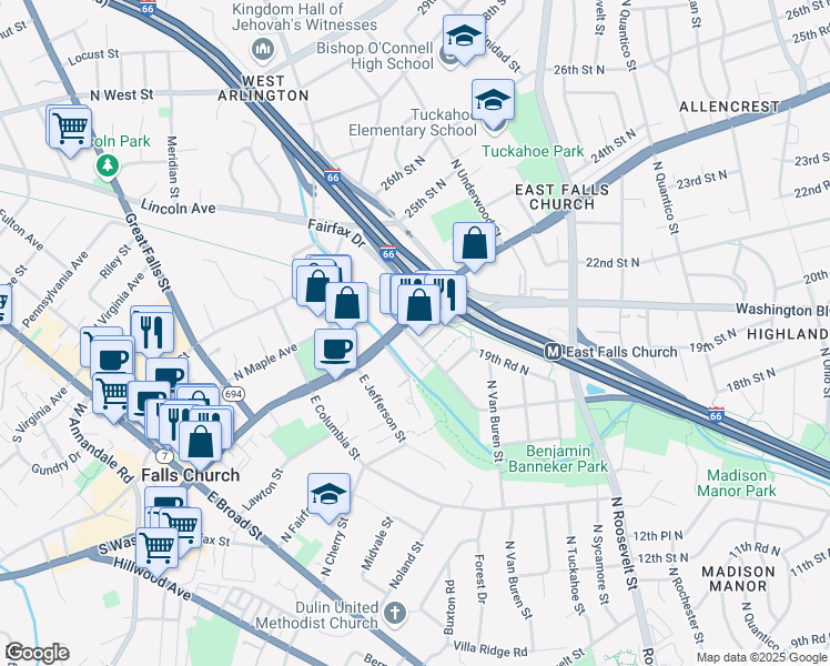 map of restaurants, bars, coffee shops, grocery stores, and more near 2205 North Westmoreland Street in Arlington