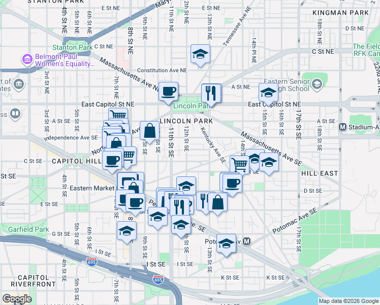 map of restaurants, bars, coffee shops, grocery stores, and more near 101 Independence Avenue Southeast in Washington