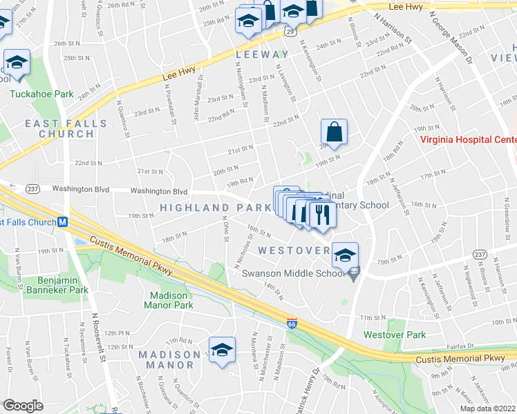 map of restaurants, bars, coffee shops, grocery stores, and more near Washington Blvd & 18th St N in Arlington