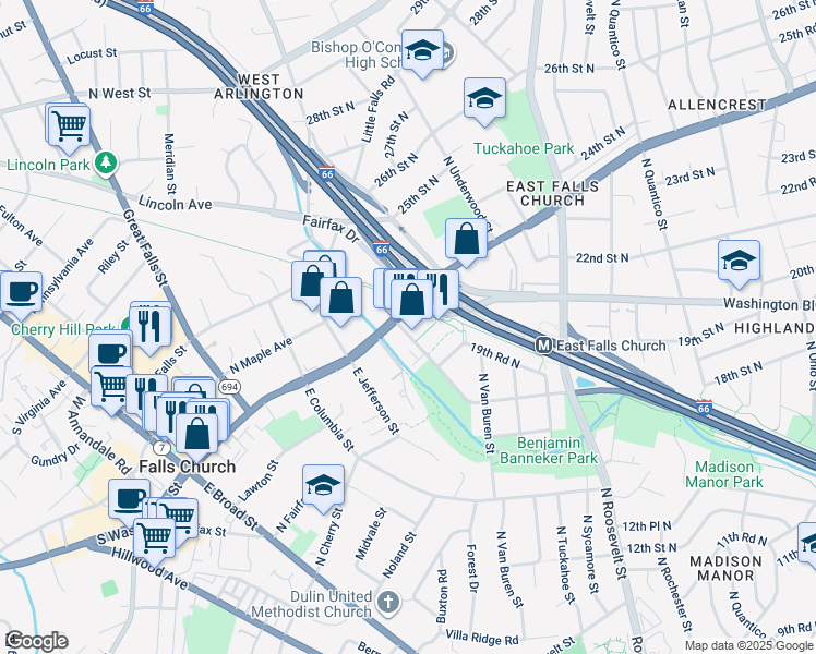 map of restaurants, bars, coffee shops, grocery stores, and more near 2205 North Westmoreland Street in Arlington