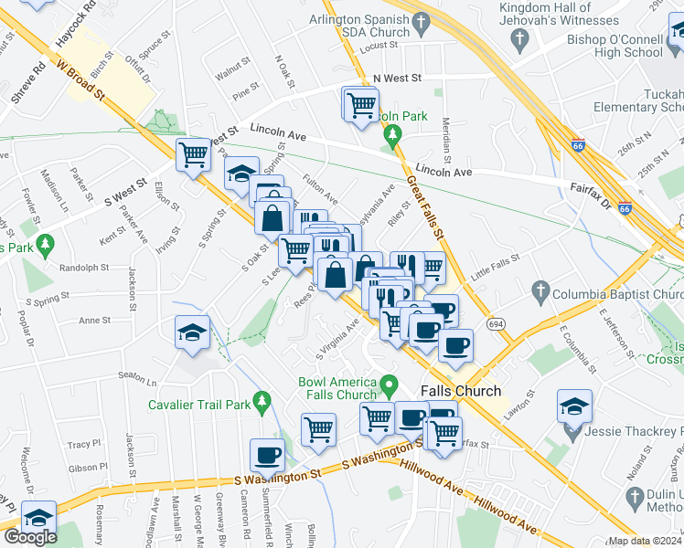 map of restaurants, bars, coffee shops, grocery stores, and more near 444 West Broad Street in Falls Church