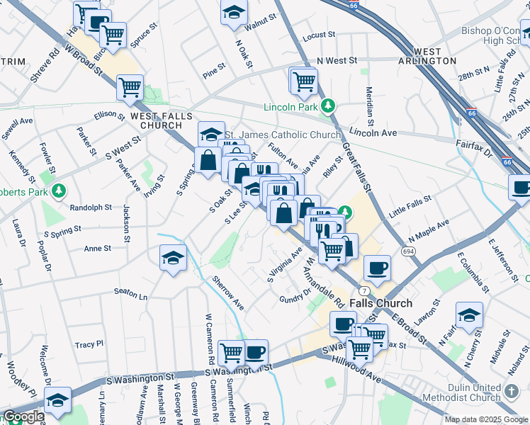 map of restaurants, bars, coffee shops, grocery stores, and more near 513 West Broad Street in Falls Church