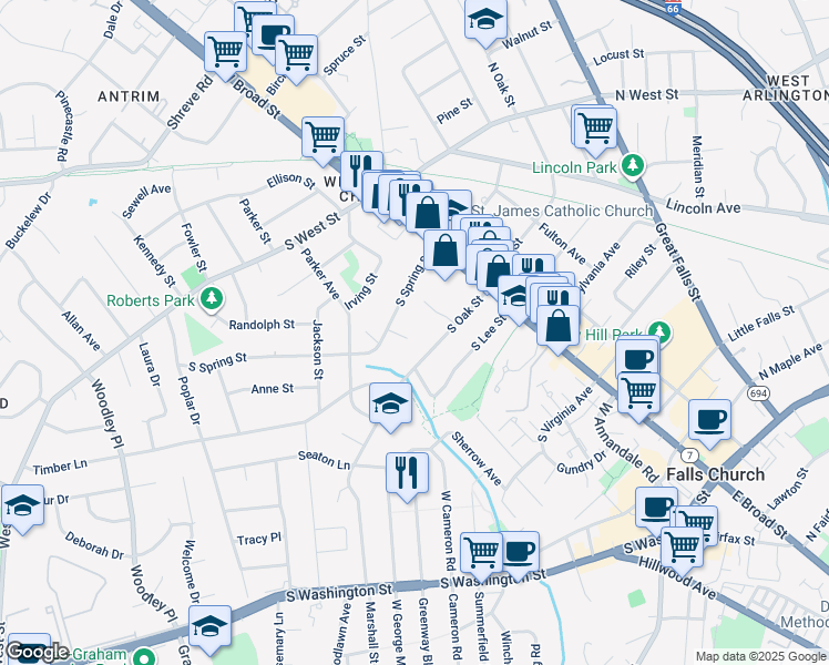map of restaurants, bars, coffee shops, grocery stores, and more near 137 Lea Court in Falls Church