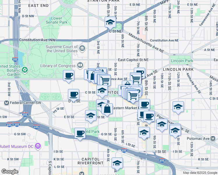 map of restaurants, bars, coffee shops, grocery stores, and more near 101 Independence Avenue Southeast in Washington
