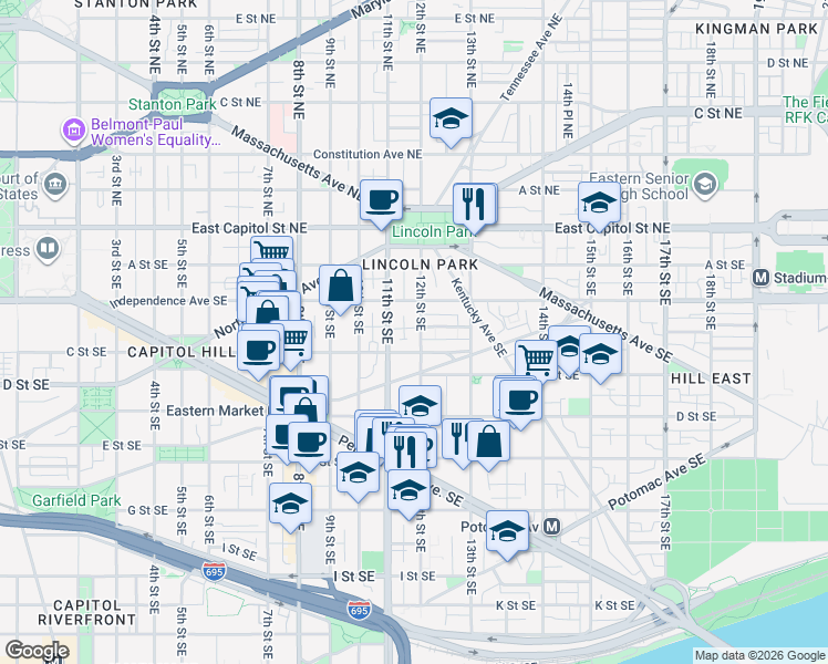 map of restaurants, bars, coffee shops, grocery stores, and more near 101 Independence Avenue Southeast in Washington