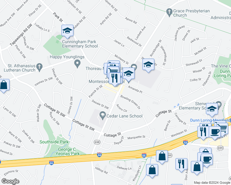map of restaurants, bars, coffee shops, grocery stores, and more near 200 Cedar Lane Southeast in Vienna
