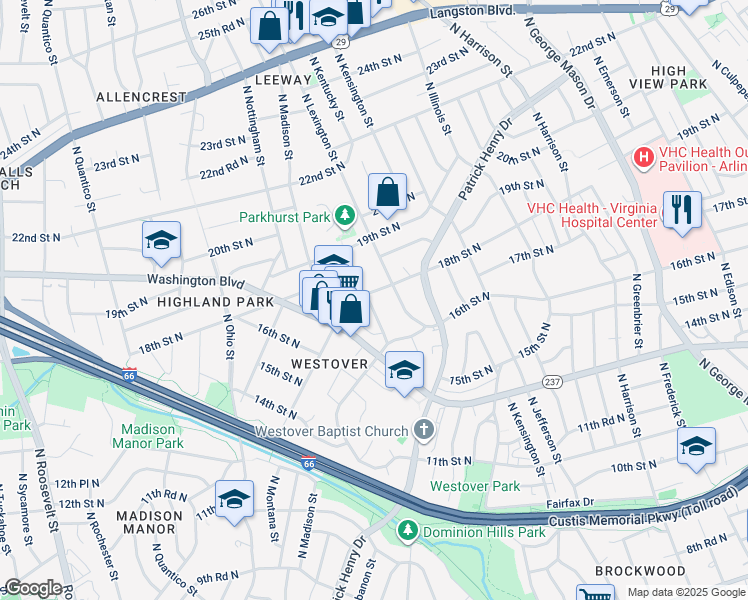 map of restaurants, bars, coffee shops, grocery stores, and more near 1683 North Longfellow Street in Arlington