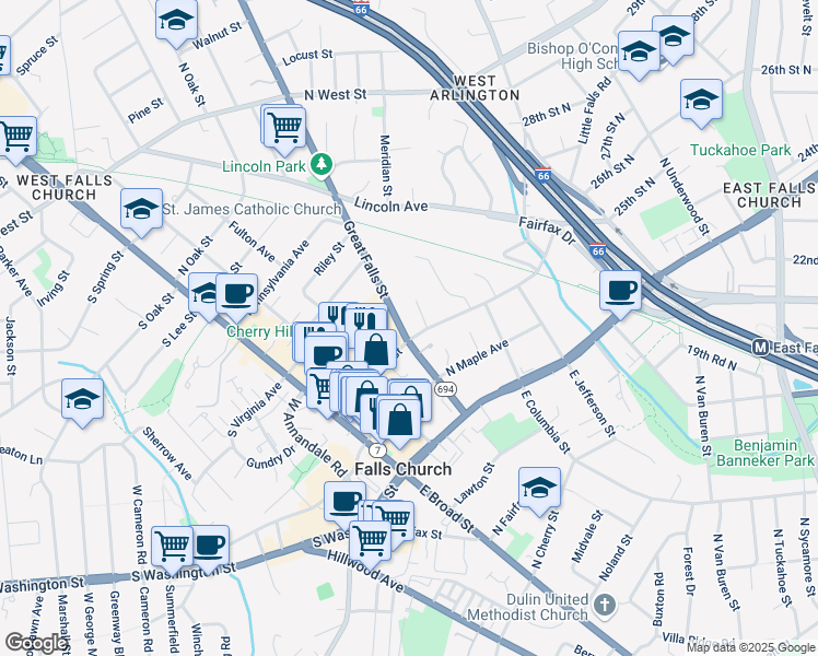 map of restaurants, bars, coffee shops, grocery stores, and more near 300 Great Falls Street in Falls Church