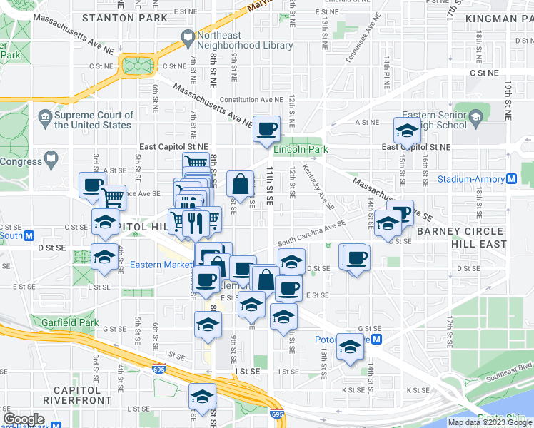 map of restaurants, bars, coffee shops, grocery stores, and more near 235 11th Street Southeast in Washington