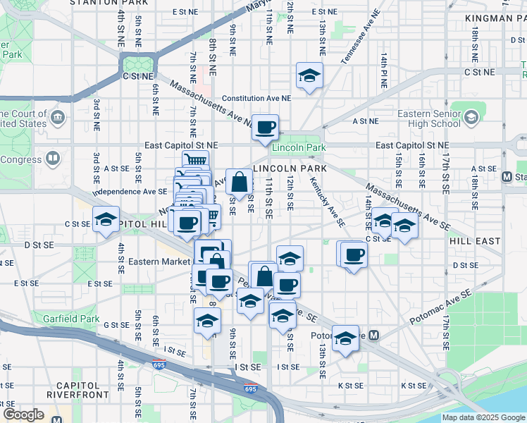 map of restaurants, bars, coffee shops, grocery stores, and more near 235 11th Street Southeast in Washington