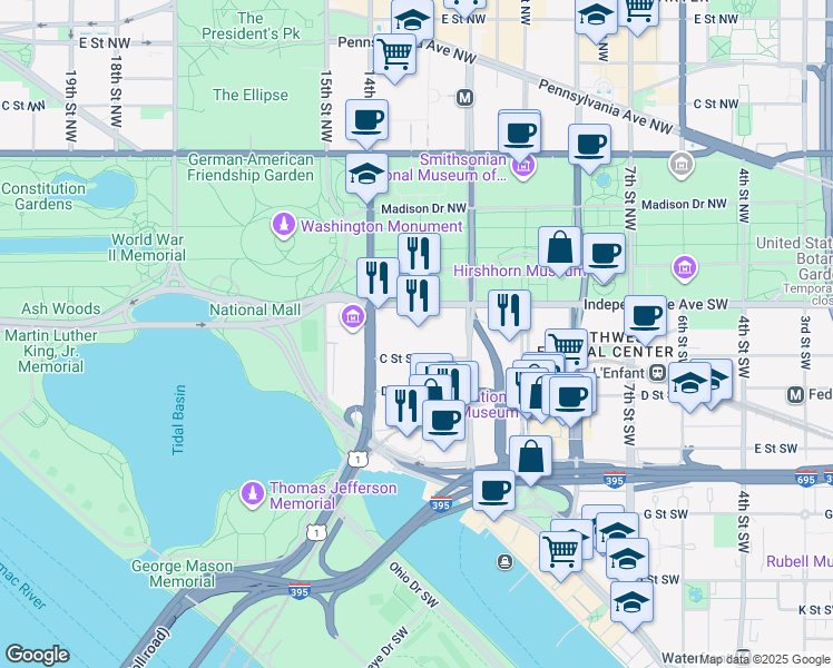 map of restaurants, bars, coffee shops, grocery stores, and more near in Washington