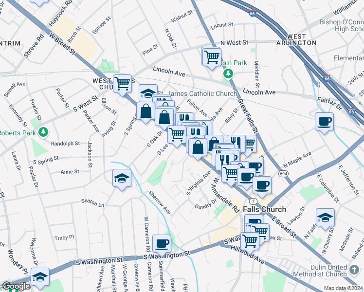 map of restaurants, bars, coffee shops, grocery stores, and more near 513 West Broad Street in Falls Church