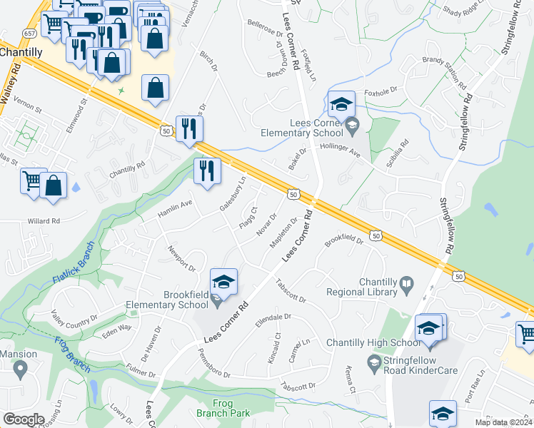 map of restaurants, bars, coffee shops, grocery stores, and more near 4012 Novar Drive in Chantilly