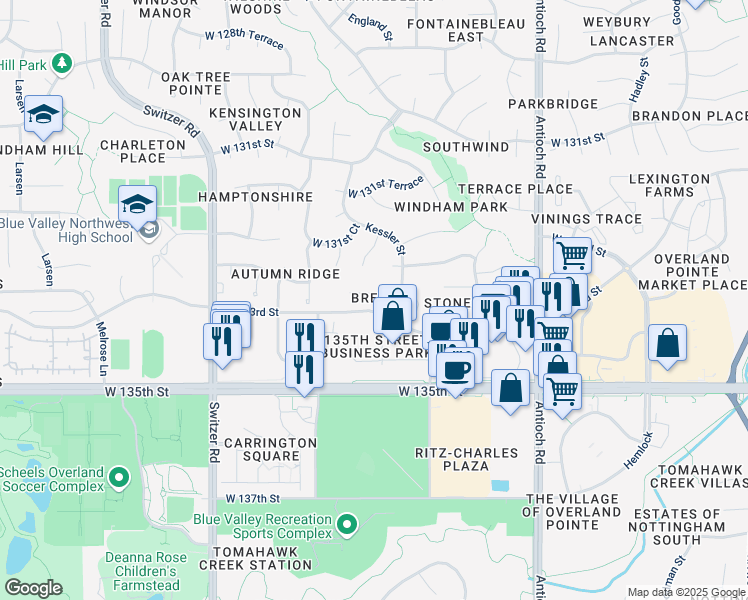 map of restaurants, bars, coffee shops, grocery stores, and more near 9201 West 133rd Street in Overland Park