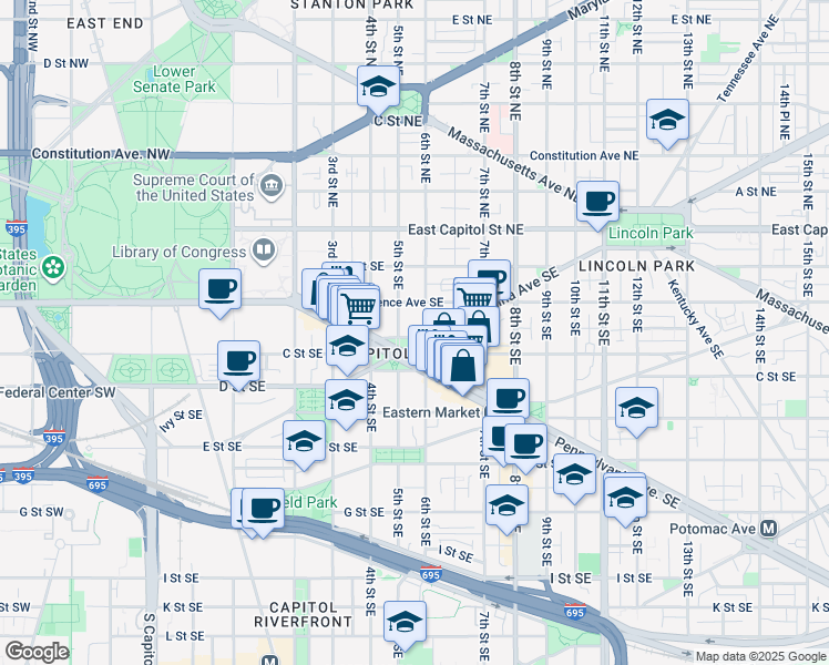 map of restaurants, bars, coffee shops, grocery stores, and more near 514 Seward Square Southeast in Washington