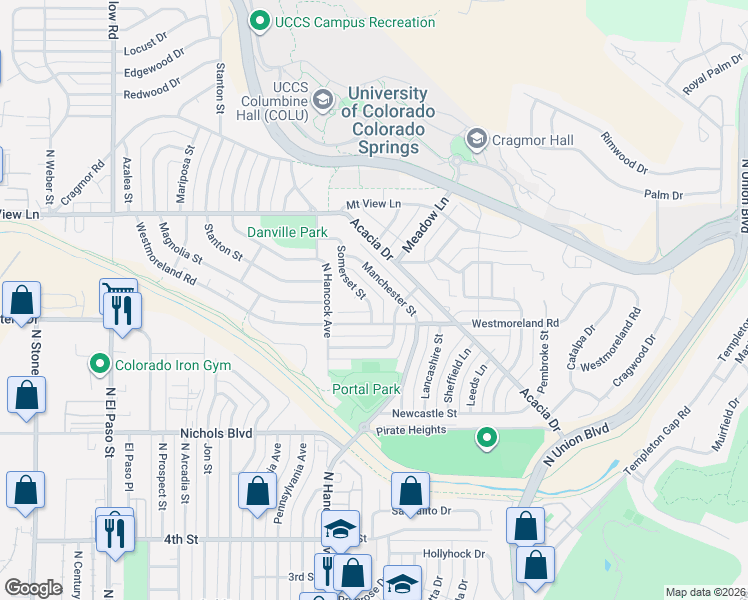 map of restaurants, bars, coffee shops, grocery stores, and more near 1212 Westmoreland Road in Colorado Springs