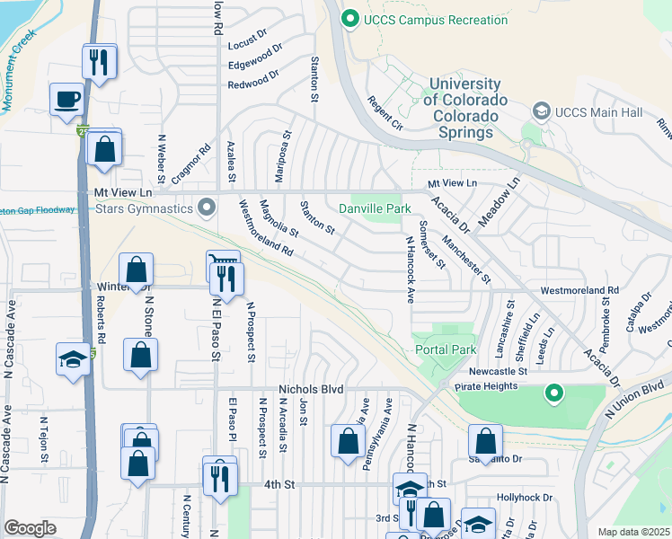 map of restaurants, bars, coffee shops, grocery stores, and more near 1127 Westmoreland Road in Colorado Springs