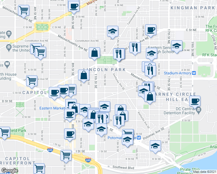 map of restaurants, bars, coffee shops, grocery stores, and more near 101 Independence Avenue Southeast in Washington