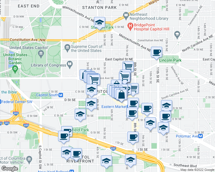 map of restaurants, bars, coffee shops, grocery stores, and more near 101 Independence Avenue Southeast in Washington