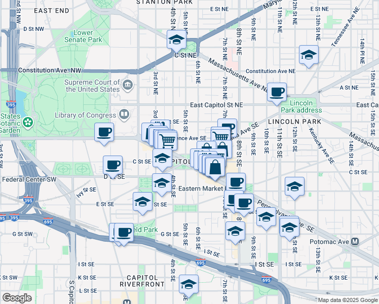 map of restaurants, bars, coffee shops, grocery stores, and more near 101 Independence Avenue Southeast in Washington