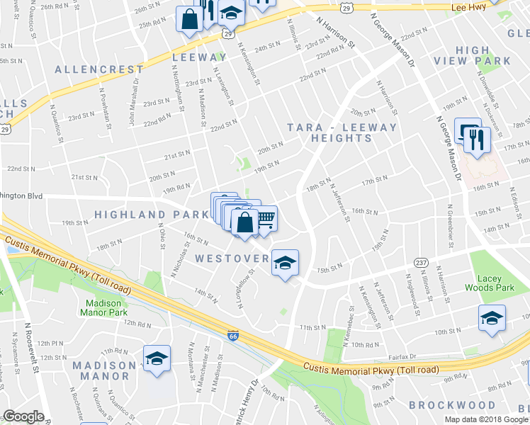 map of restaurants, bars, coffee shops, grocery stores, and more near 1683 North Longfellow Street in Arlington