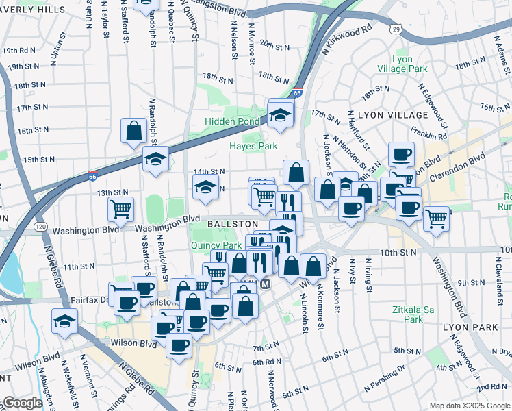 map of restaurants, bars, coffee shops, grocery stores, and more near 1214 North Lincoln Street in Arlington