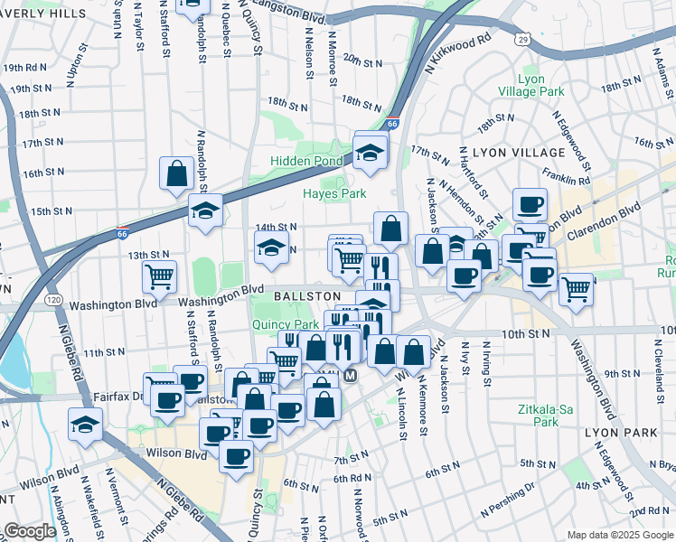 map of restaurants, bars, coffee shops, grocery stores, and more near 1214 North Lincoln Street in Arlington