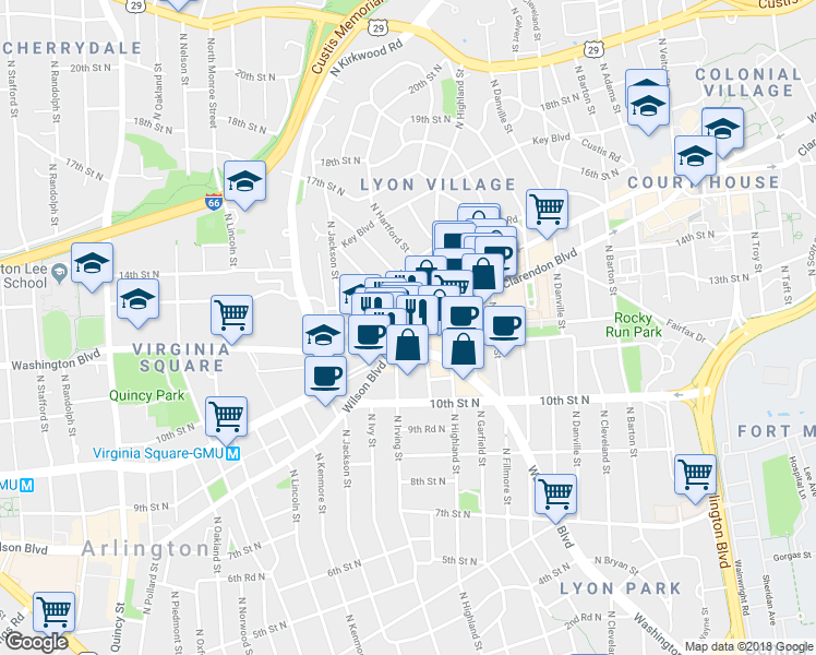 map of restaurants, bars, coffee shops, grocery stores, and more near 3165 Wilson Boulevard in Arlington