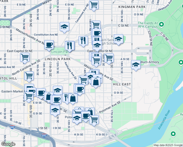 map of restaurants, bars, coffee shops, grocery stores, and more near 1435 South Carolina Avenue Southeast in Washington