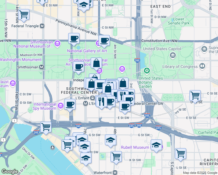 map of restaurants, bars, coffee shops, grocery stores, and more near 400 Maryland Avenue Southwest in Washington
